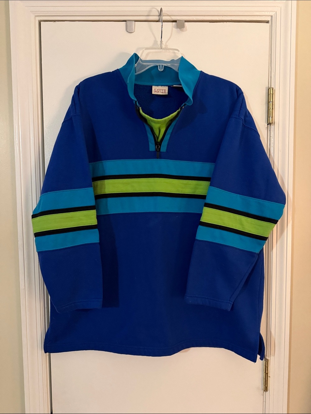 Vintage Laura Ashley Quarter-Zip Sweater with Aqua and Lime Stripe